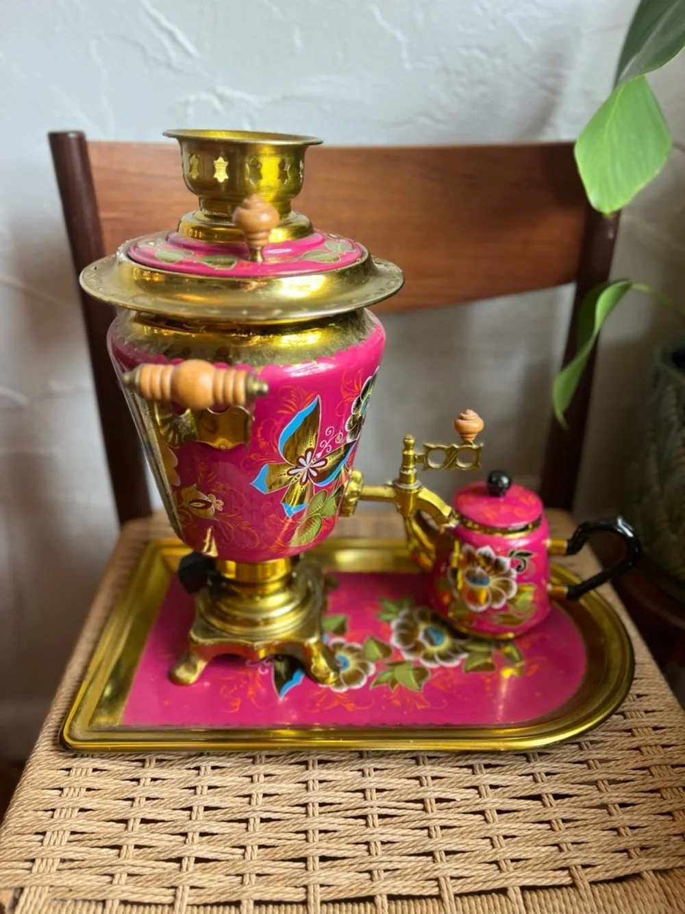 Vintage Soviet Samovar Tea Set 1991 Pink Floral Enamel Brass USSR Kitsch Decor